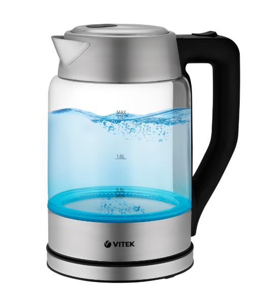 Изображение Электрический чайник VITEK VT-7043 (2200 Вт/1,7 л /стекло/прозрачный, черный, серебристый)