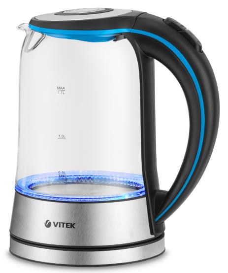 Изображение Электрический чайник VITEK VT-7028 (2200 Вт/1,7 л /стекло/прозрачный, черный, серебристый)